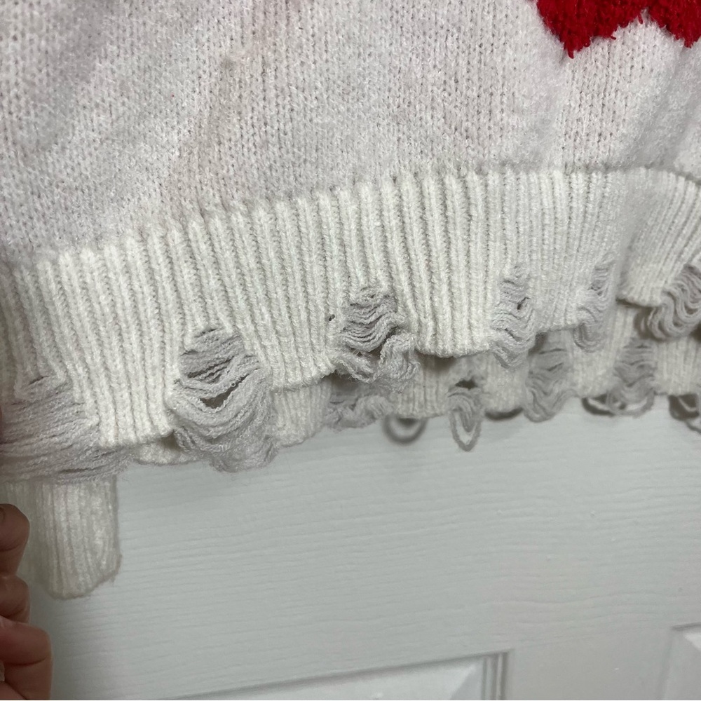 ALTAR’D STATE Cherry Print White V-Neck Distressed Sherpa Sweater | size small - Picture 3 of 10
